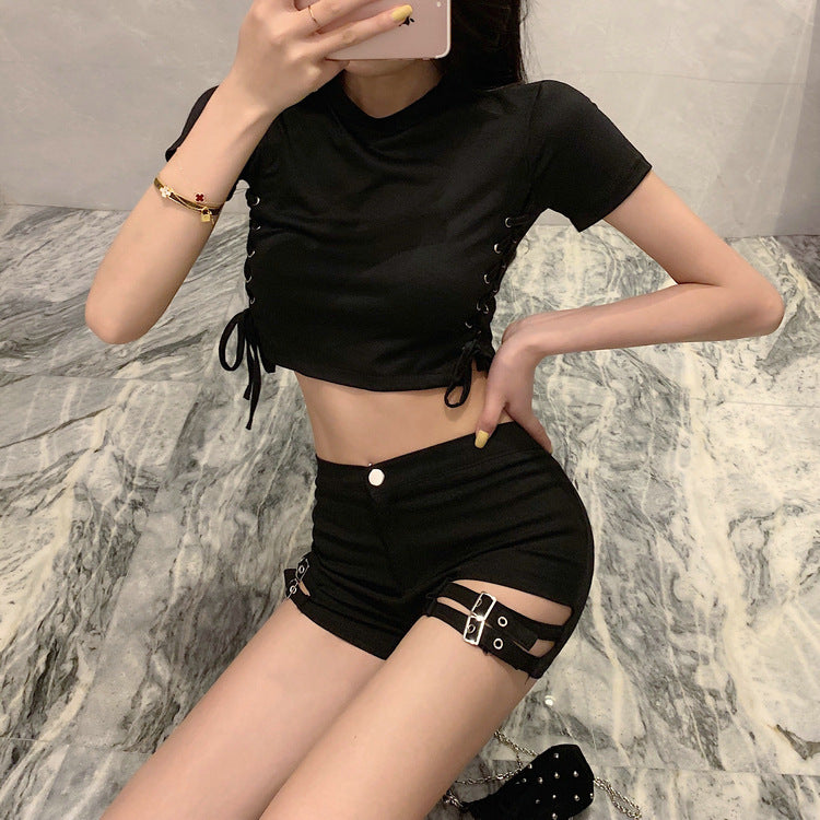 Double Buckle Design High Waist Stretch Tight Shorts