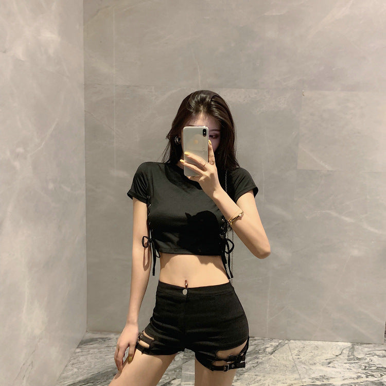 Double Buckle Design High Waist Stretch Tight Shorts