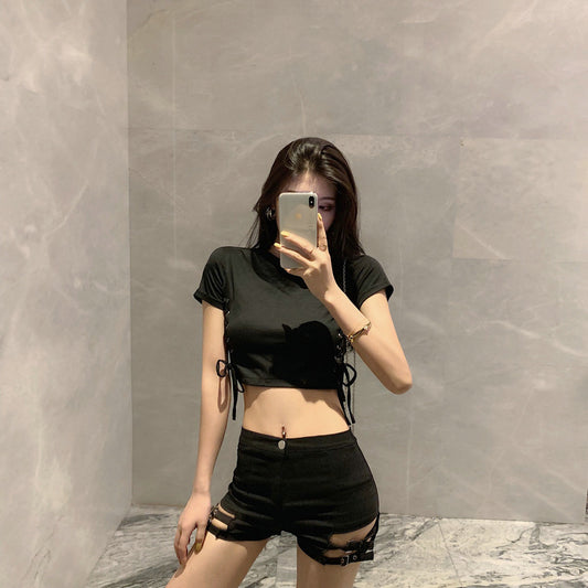 Double Buckle Design High Waist Stretch Tight Shorts