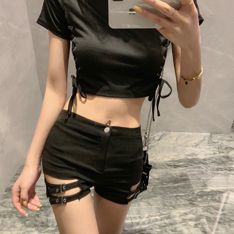 Double Buckle Design High Waist Stretch Tight Shorts