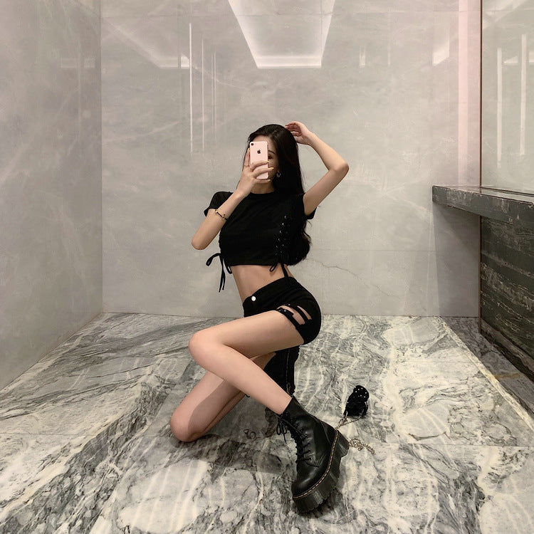 Double Buckle Design High Waist Stretch Tight Shorts