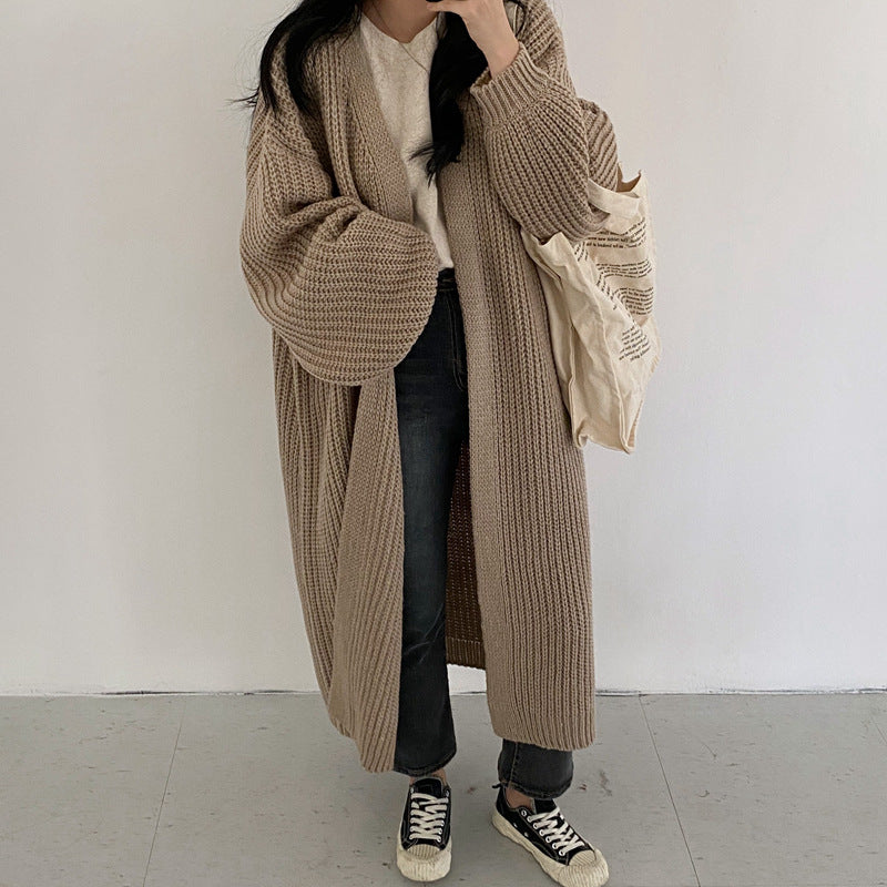 Knit Sweater With Lantern Sleeves And Long Sweater Cardigan Jacket