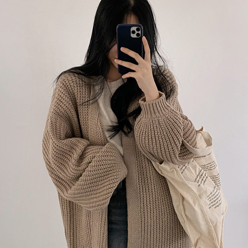 Knit Sweater With Lantern Sleeves And Long Sweater Cardigan Jacket