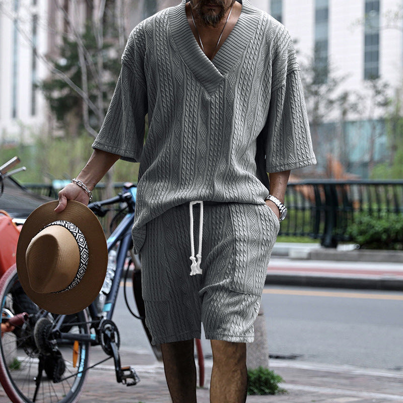 Casual Loose Jacquard Knitwear Shorts Suit