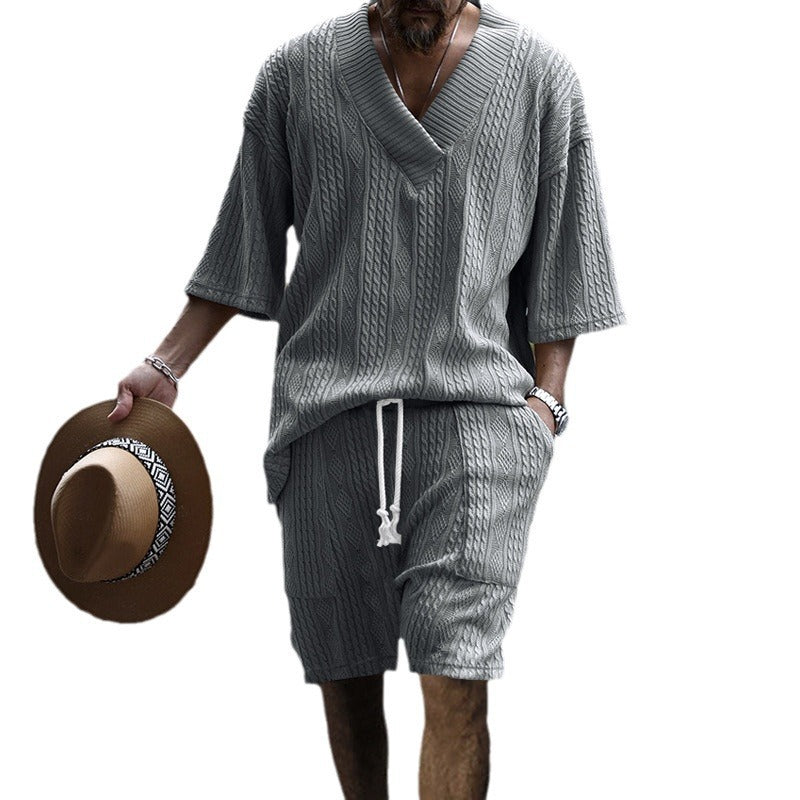 Casual Loose Jacquard Knitwear Shorts Suit