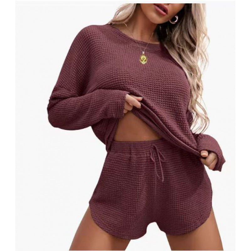 Waffle Knit Pajamas Suit Long Sleeve Top And Shorts