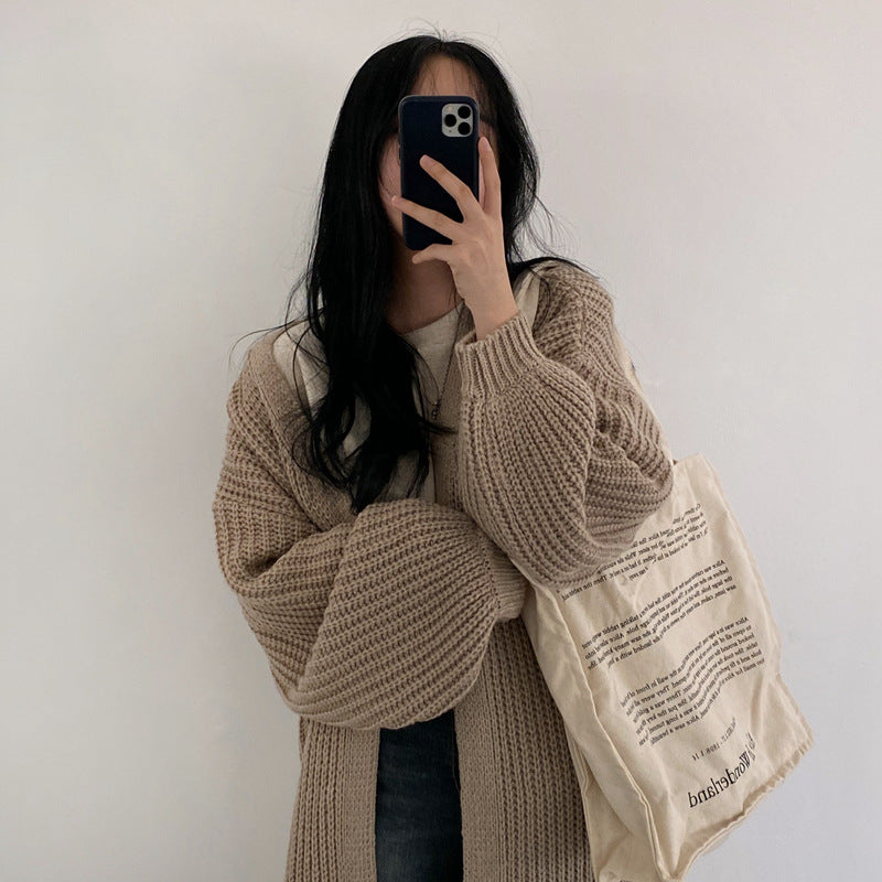 Knit Sweater With Lantern Sleeves And Long Sweater Cardigan Jacket