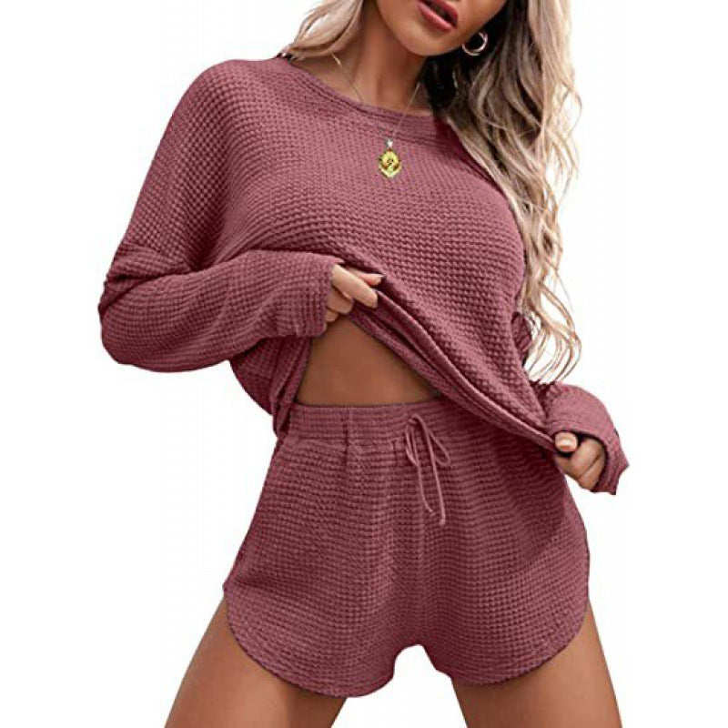 Waffle Knit Pajamas Suit Long Sleeve Top And Shorts