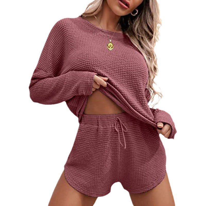 Waffle Knit Pajamas Suit Long Sleeve Top And Shorts