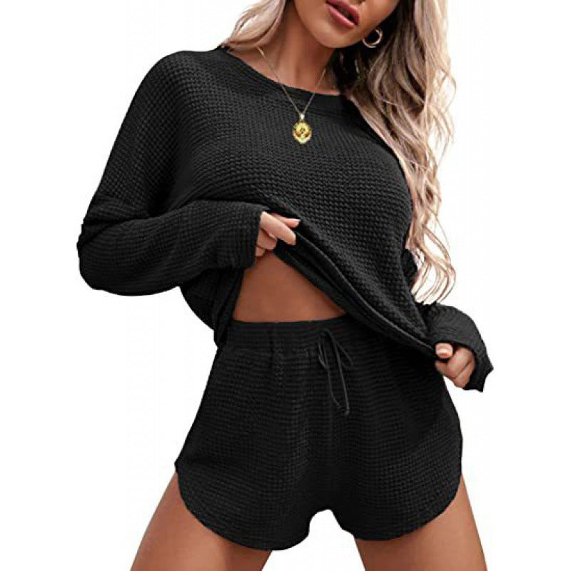 Waffle Knit Pajamas Suit Long Sleeve Top And Shorts