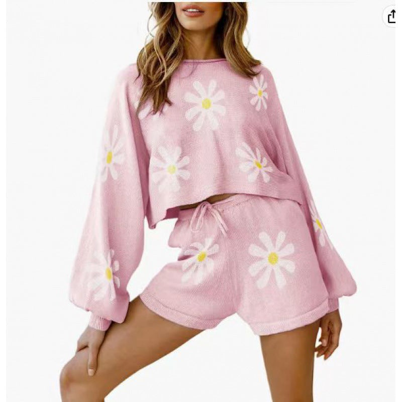 Waffle Knit Pajamas Suit Long Sleeve Top And Shorts