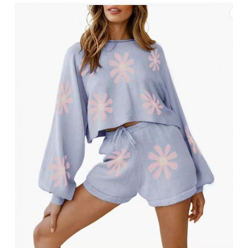 Waffle Knit Pajamas Suit Long Sleeve Top And Shorts