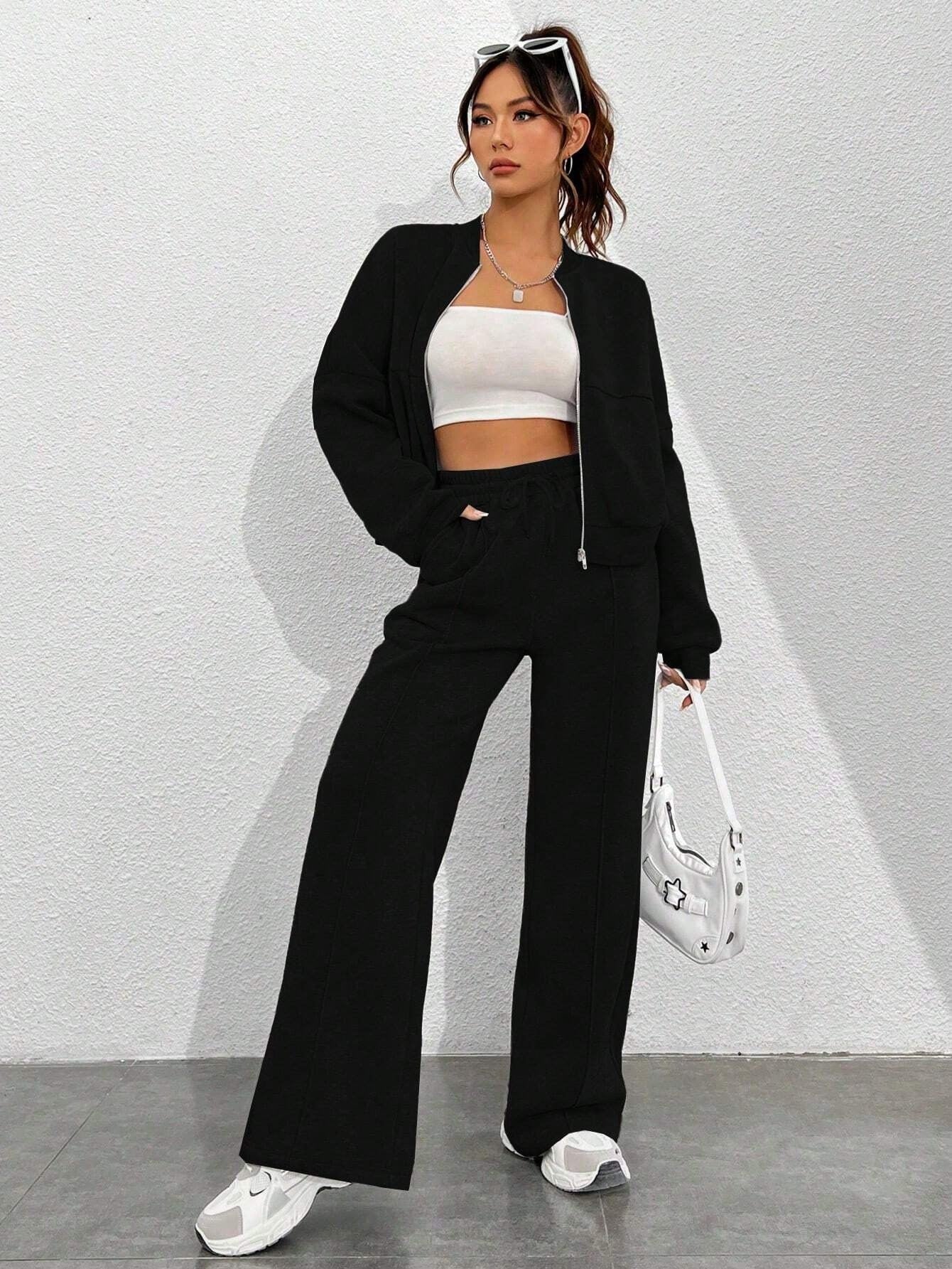 Casual Sports Suit Cardigan Sweater Wide Leg Sweatpants