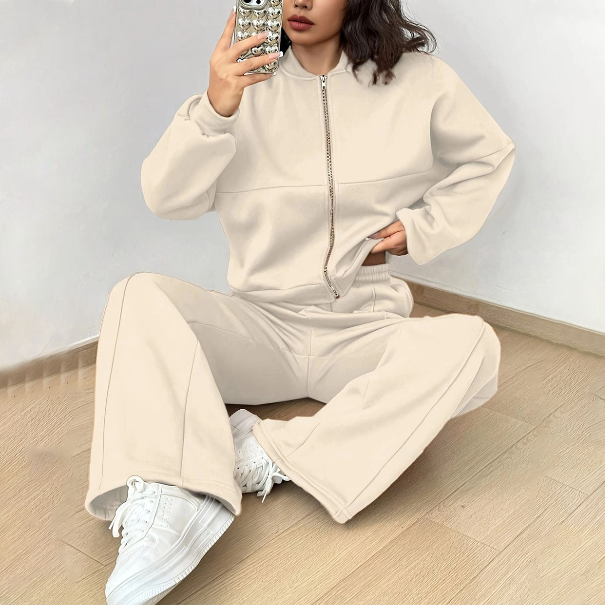 Casual Sports Suit Cardigan Sweater Wide Leg Sweatpants