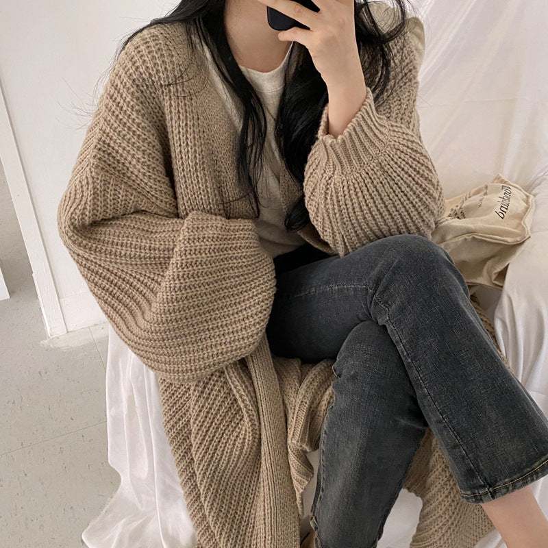 Knit Sweater With Lantern Sleeves And Long Sweater Cardigan Jacket